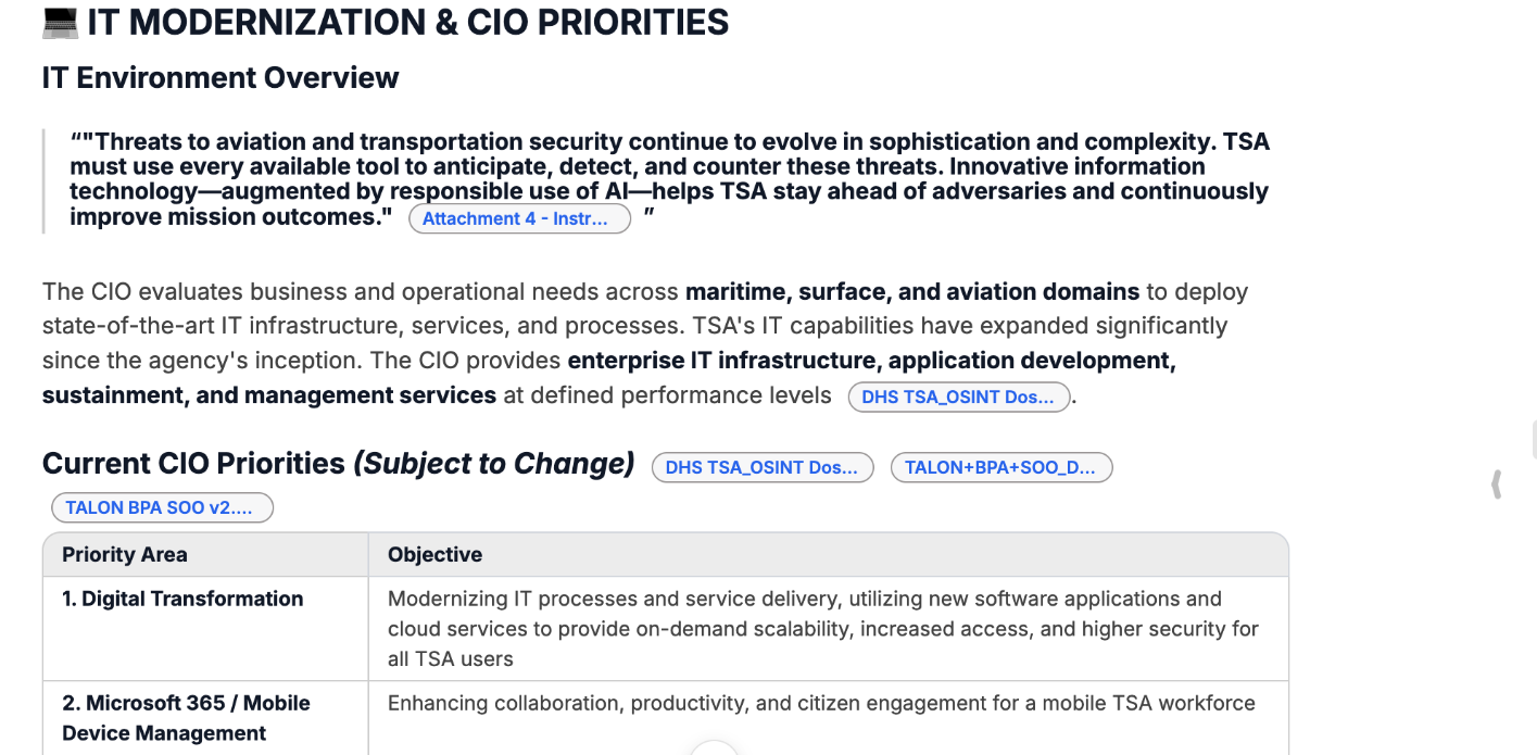 DRAI research output titled IT Modernization and CIO Priorities, quoting an agency statement and listing current CIO priority areas, with citation links beside each claim.