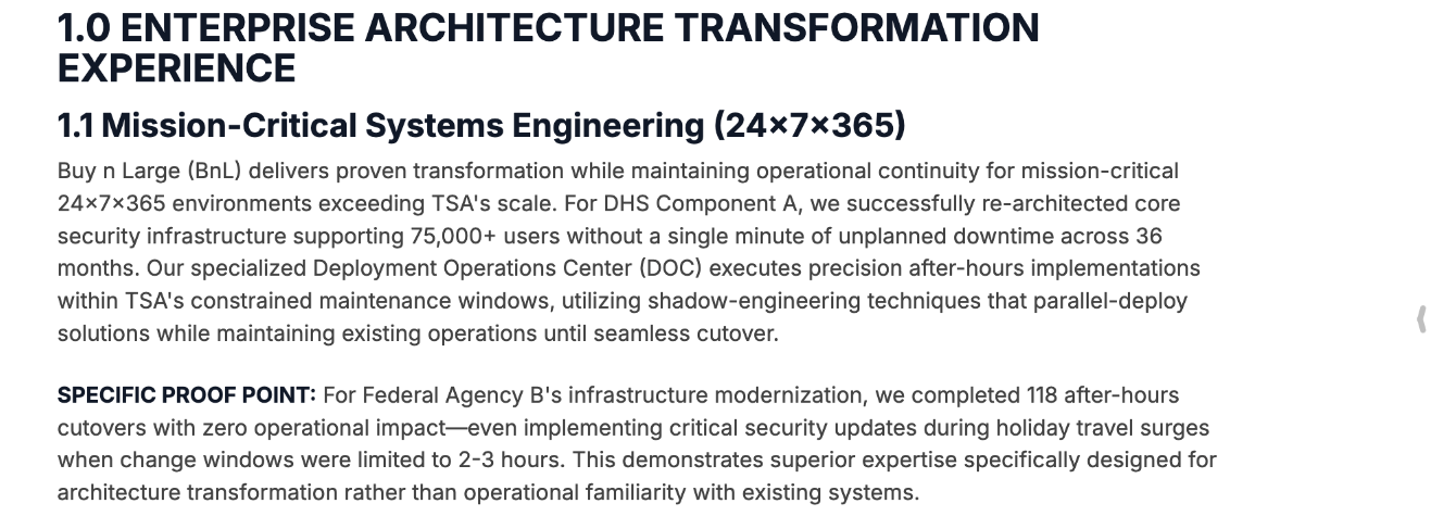 DRAI proposal section draft headed 1.0 Enterprise Architecture Transformation Experience, with a mission-critical systems engineering subsection and a specific proof point.